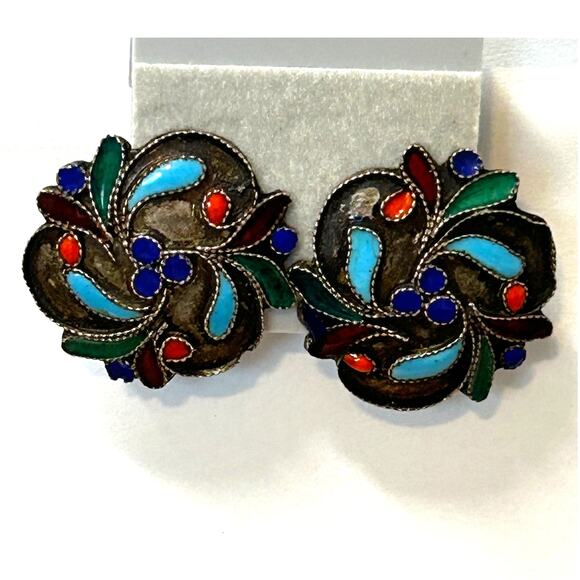 Vintage Sterling Enamel Clip On Button Earrings - Picture 1 of 4